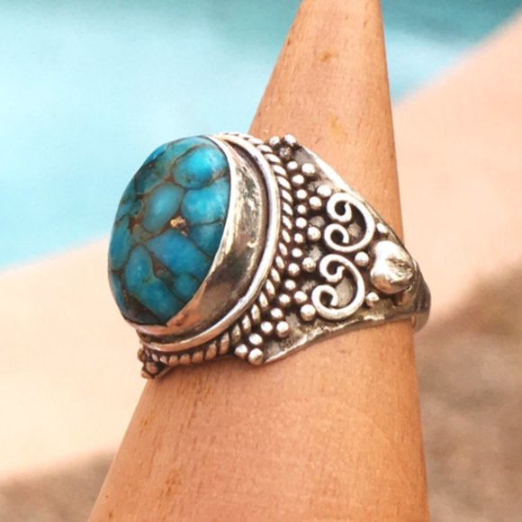 Blue Copper Turquoise .925 Ring Ornate Silver - Picture 9 of 16